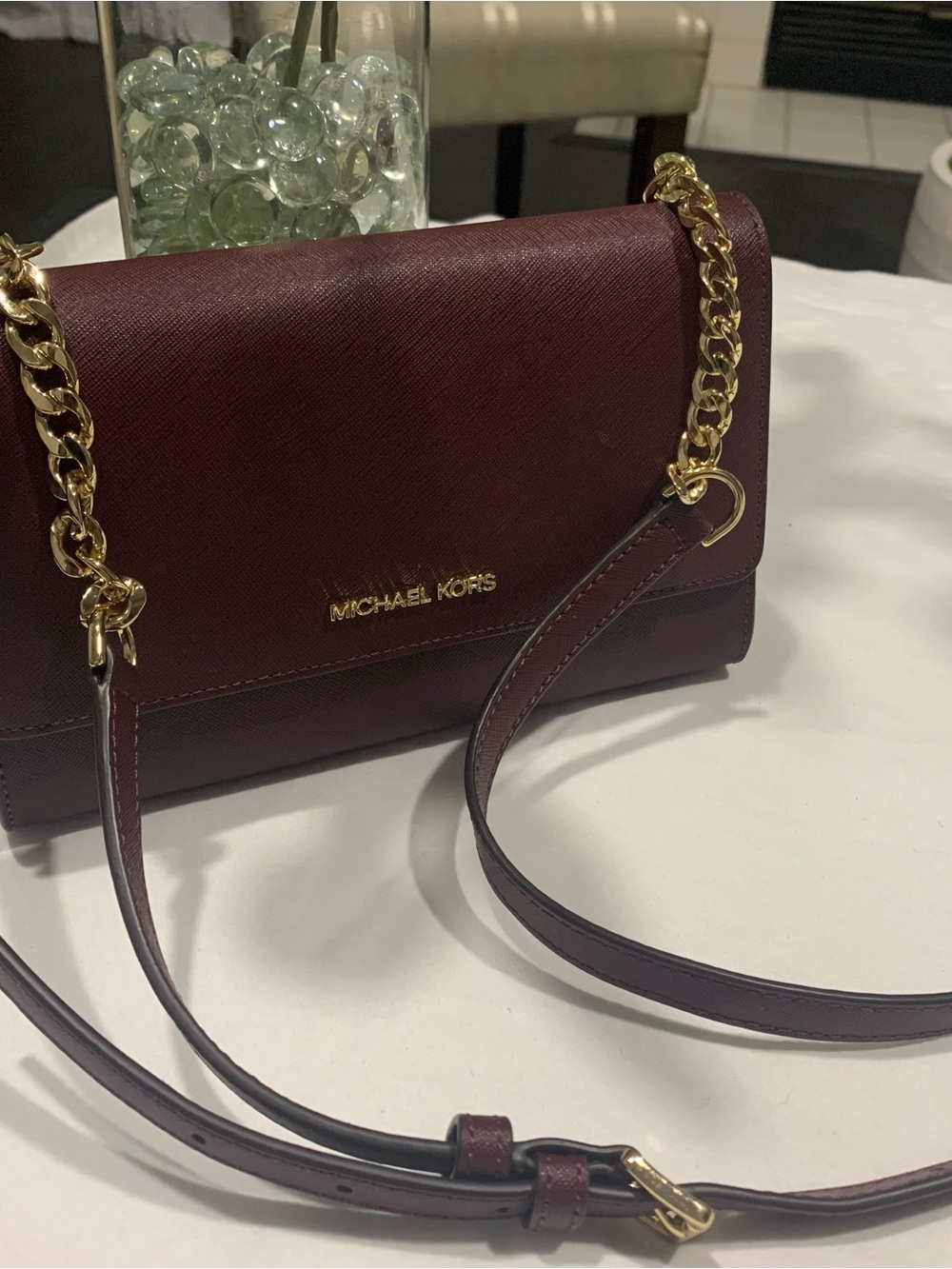 Michael Kors Merlot Crossbody Jet Set Travel Bag with Gold Chain Strap